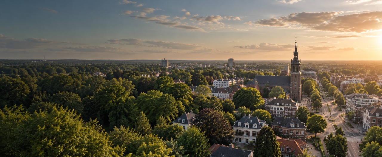Uitzicht over Apeldoorn met de kerktoren in het avondlicht